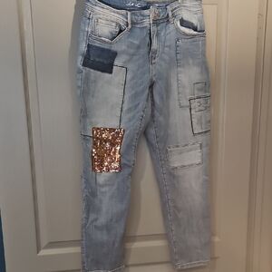 INC Size 12 Light Blue Patchwork Jeans with Sequin Detail